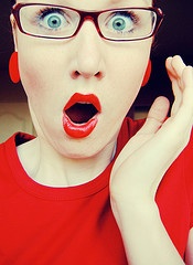 woman surprise red dress